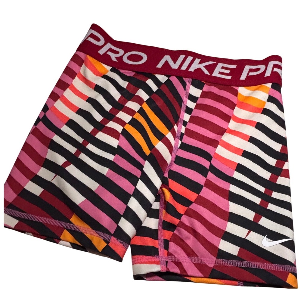 Nike Pro Dri-FIT Women L Pink Orange Geometric Stripe Compression Shorts 3in